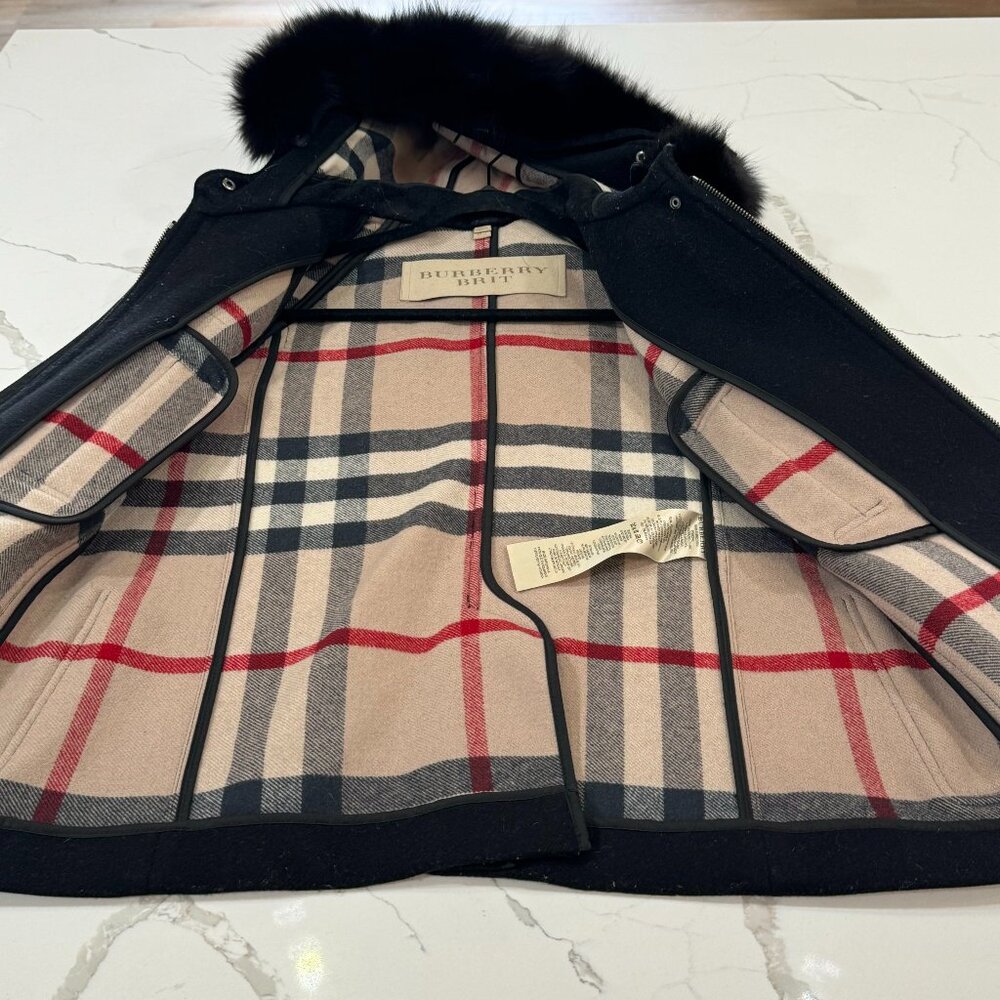 Burberry Brit Womens Wool Duffle Coat Hooded Fur Trim Toggle Ziper Black Size 4